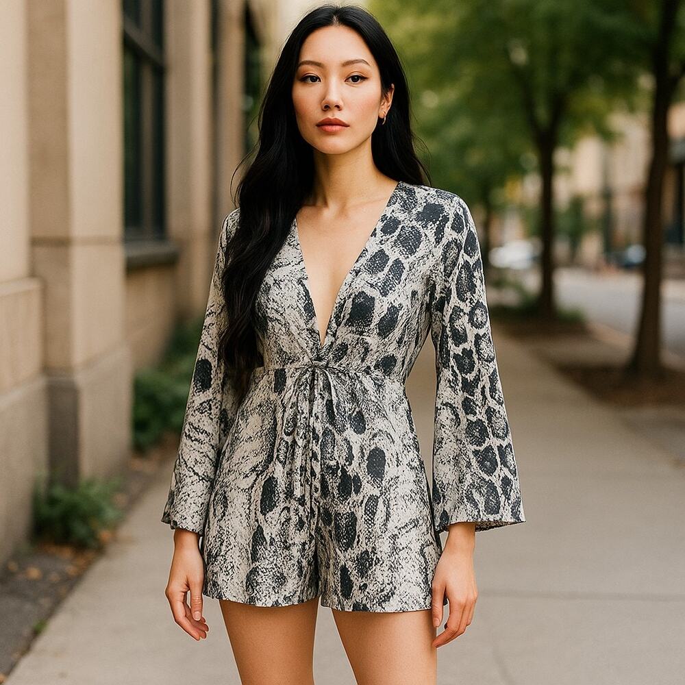 Nasty Gal Snake Print Plunge Romper Women's US 2 Black Tan Long Sleeve NWT - Picture 3 of 10